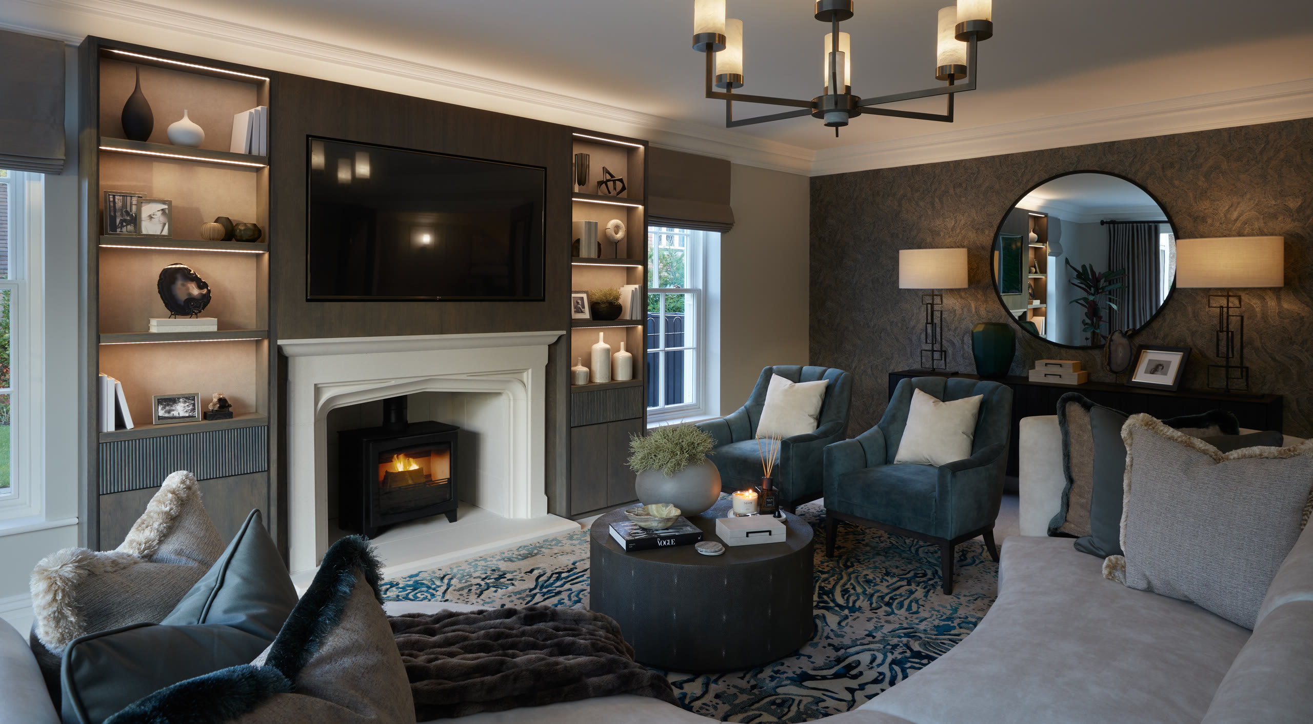 Refined residential interior with sculptural lighting