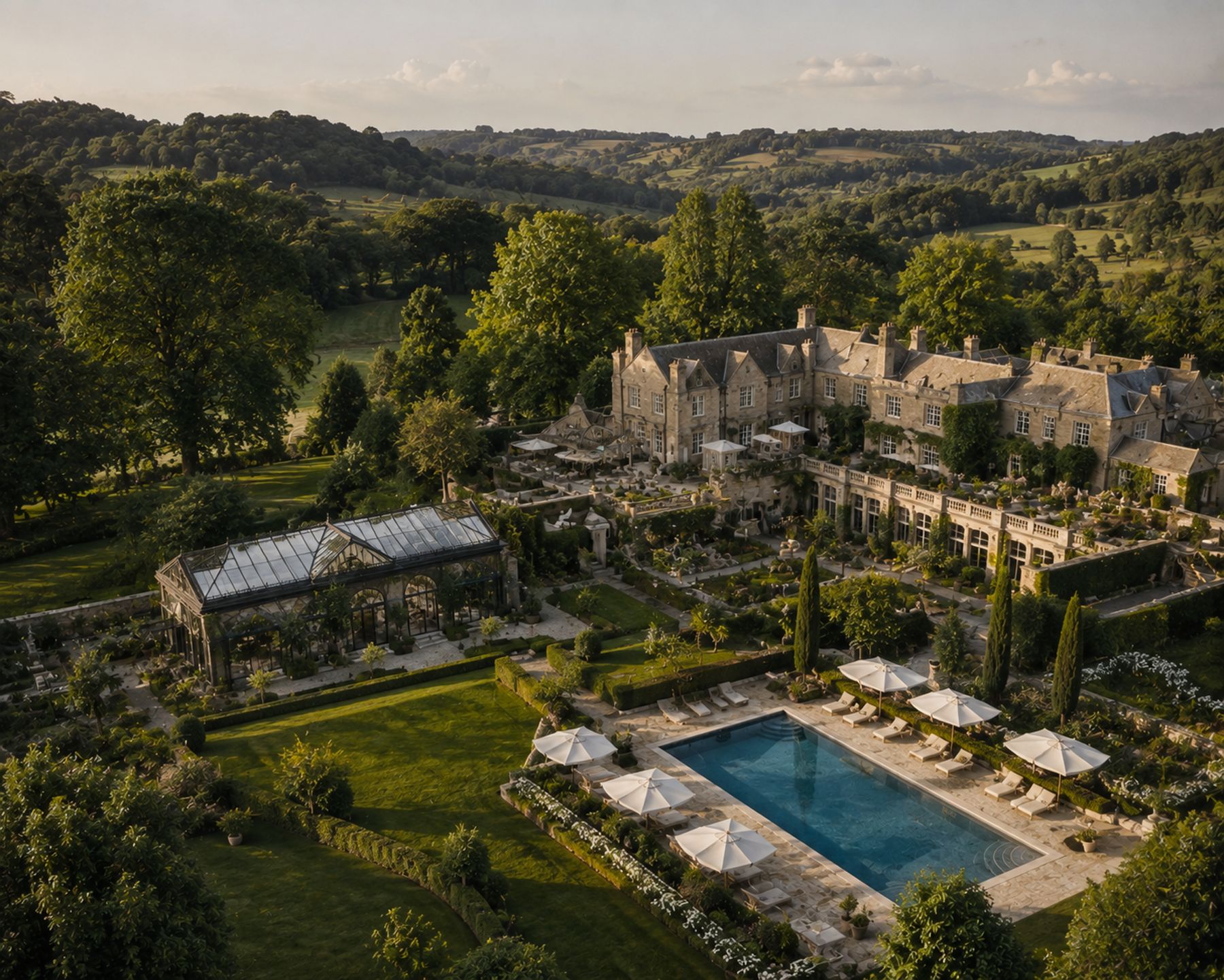 Aerial view of a country house boutique hotel and its gardens