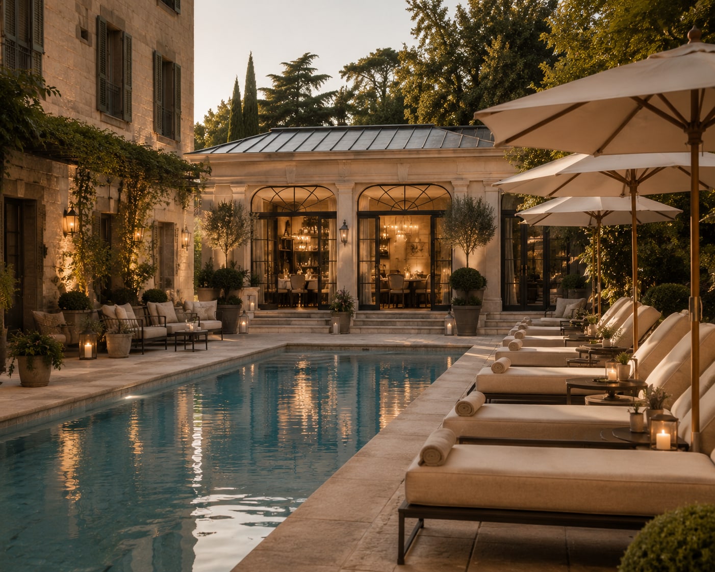 Evening beside a tranquil hotel pool