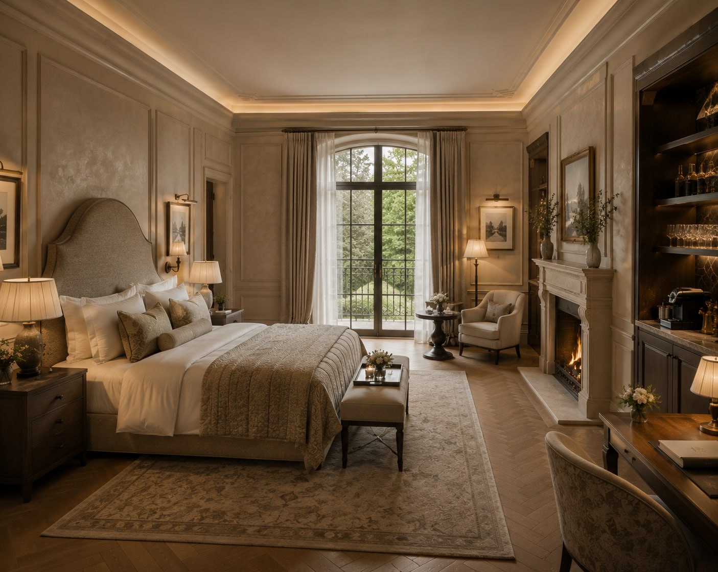 Warmly layered boutique hotel bedroom