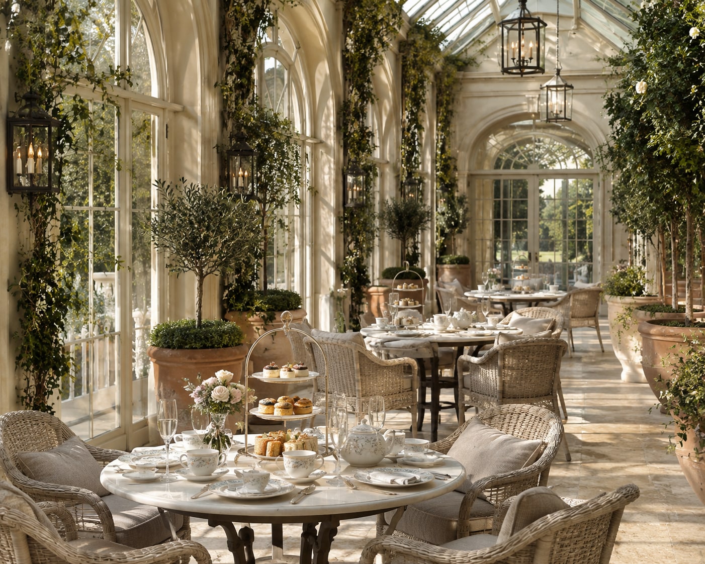 Light-filled orangery set for breakfast