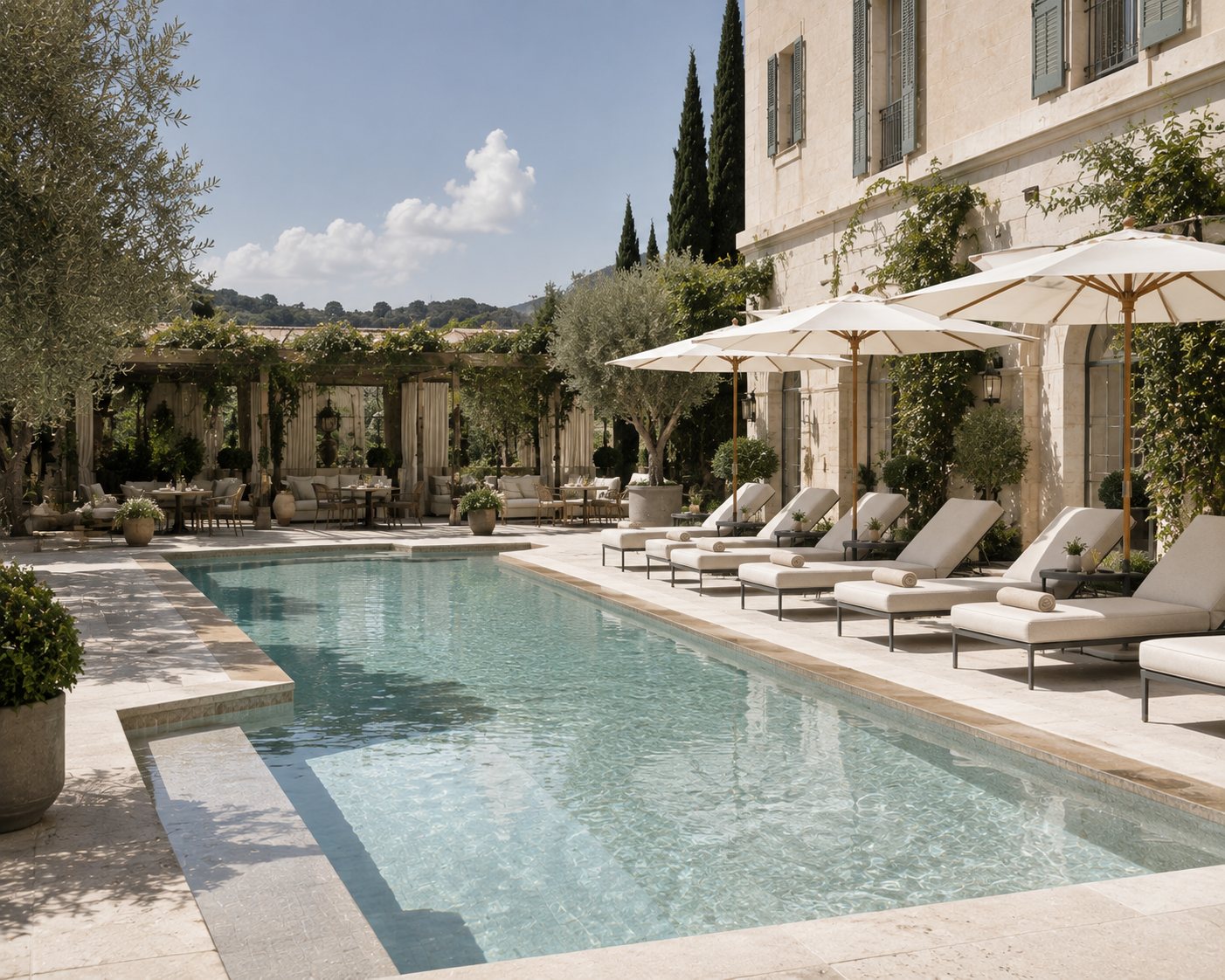 Hotel poolside terrace framed by planting