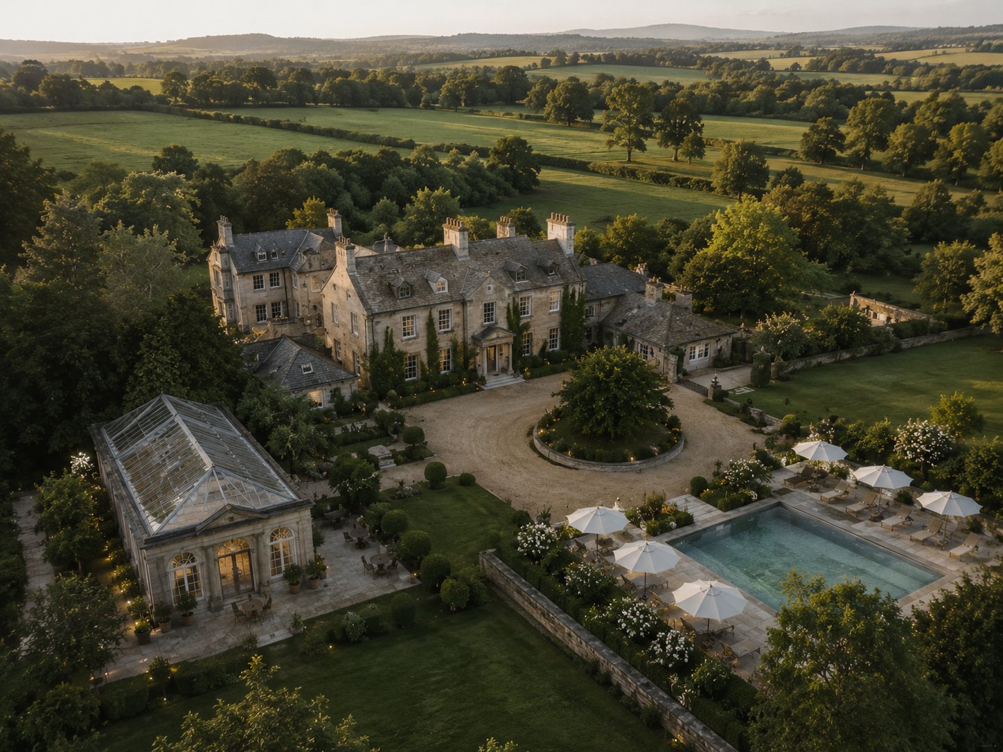 Boutique hotel estate, orangery and pool viewed from above