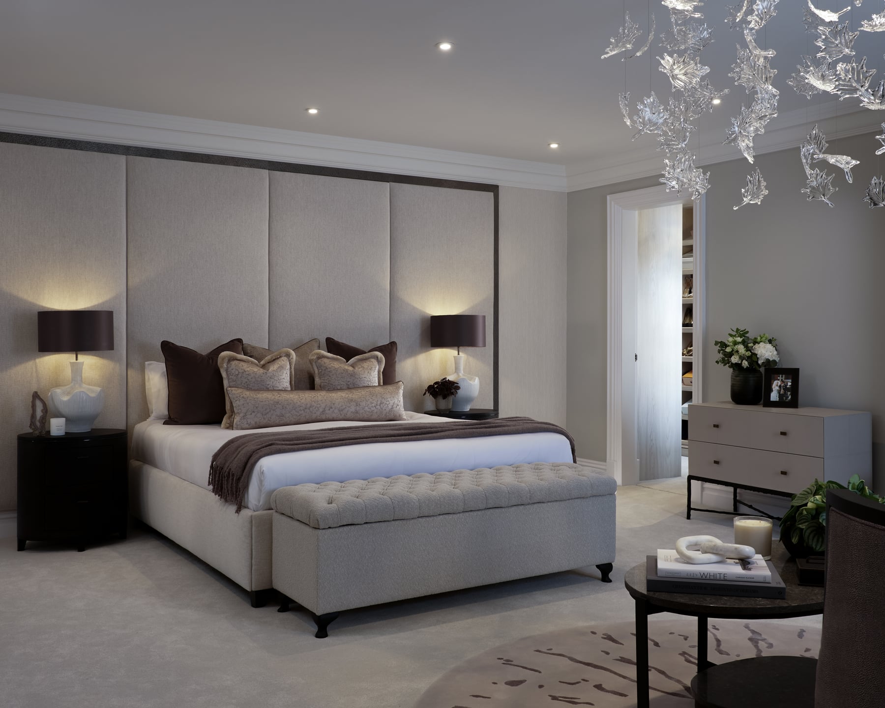 Calm bedroom with a muted material palette