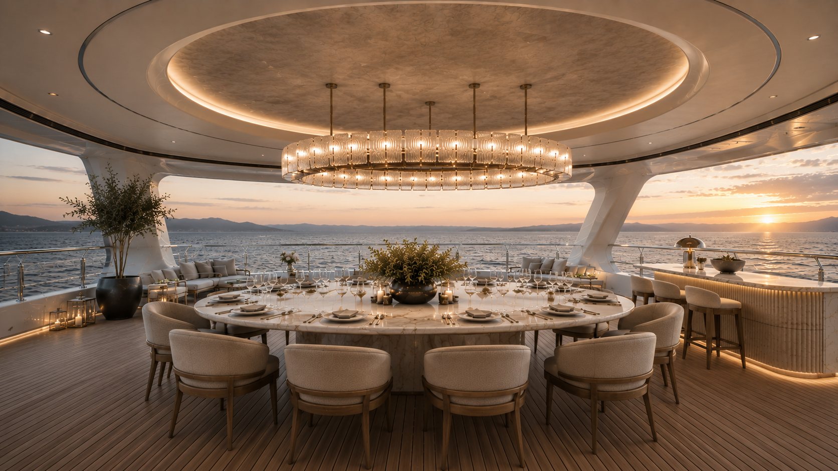 Aft deck dining at sunset on a superyacht