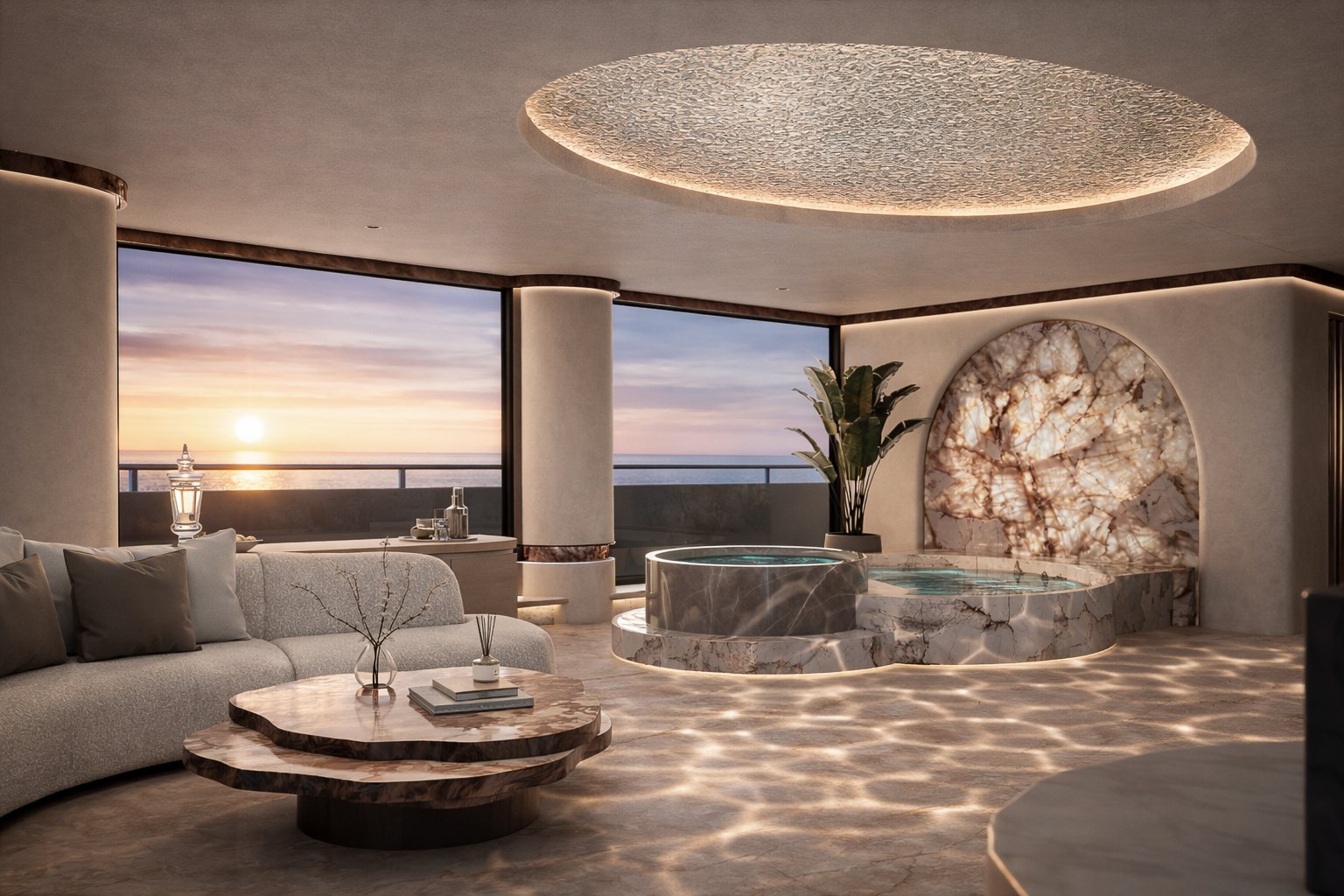 Portside spa suite on a superyacht at sunset