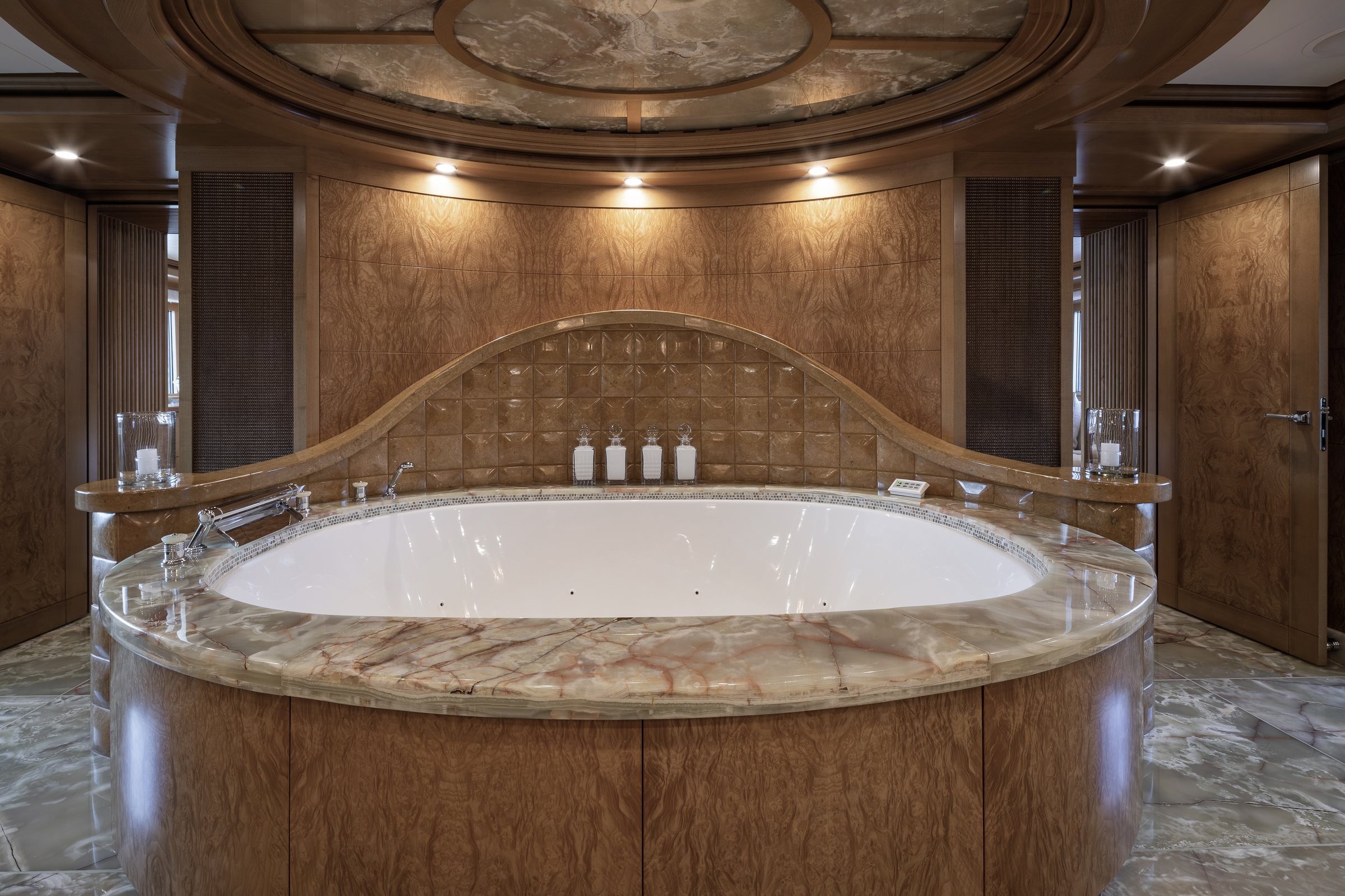 Marble and walnut superyacht guest bathroom